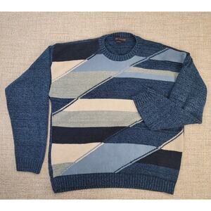 Vtg Liberty Sweater Mens XLT Blue Beige Knit Multi Stripe Grandpa‎ Made in USA
